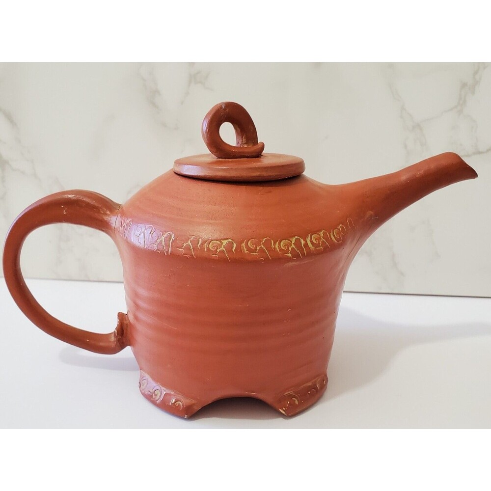 Margaret Barber Pottery Teapot Red Matte Glaze Etched Footed 7.5x4.5x4" Signed